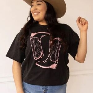 Black T-Shirt with Pink Cowboy Boots Graphic